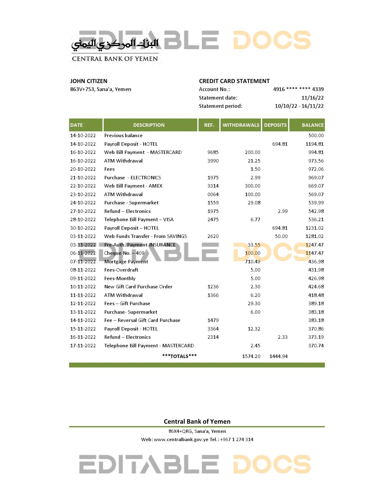 Yemen Central Bank of Yemen bank statement, Excel and PDF template