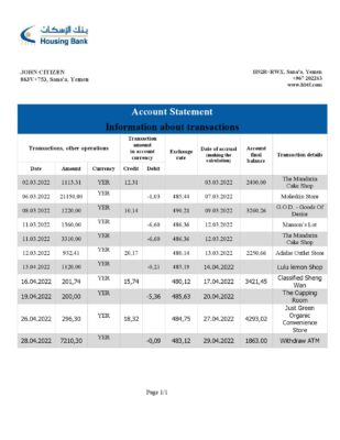 Yemen Housing Bank statement Word and PDF template