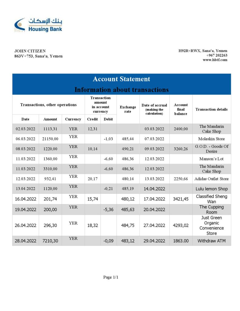 Yemen Housing Bank statement Word and PDF template
