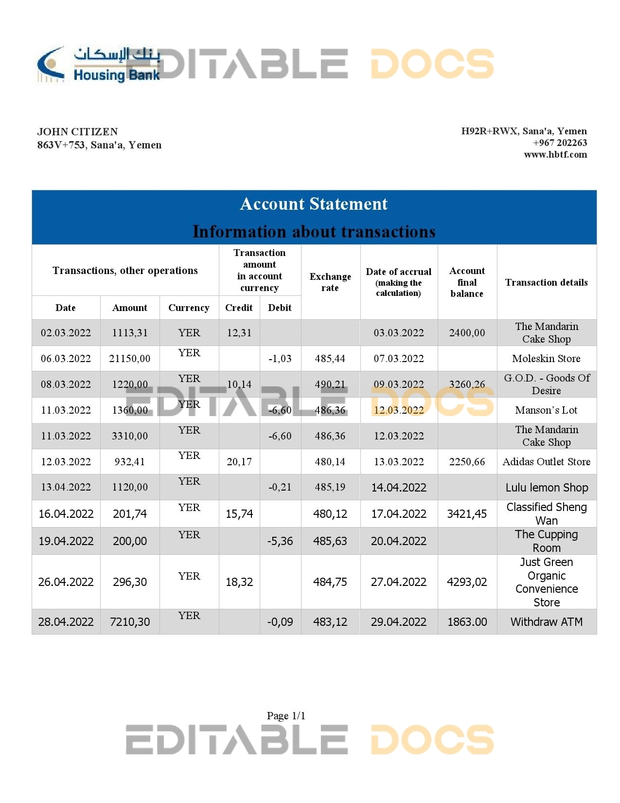 Yemen Housing Bank statement Word and PDF template