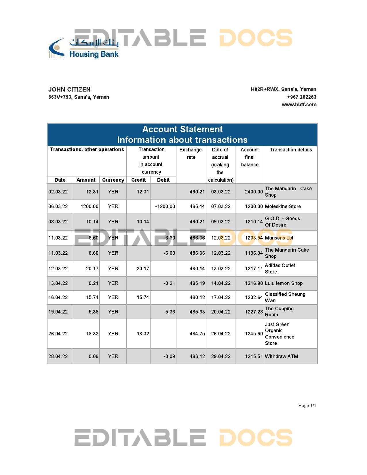 Yemen Housing bank statement, Excel and PDF template