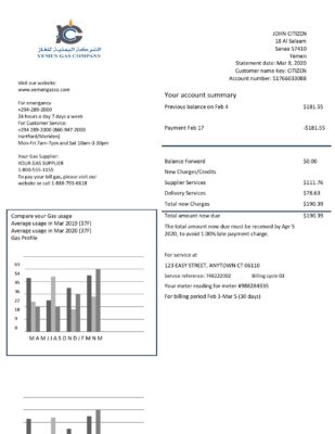 Yemen Gas Company utility bill template in Word and PDF format