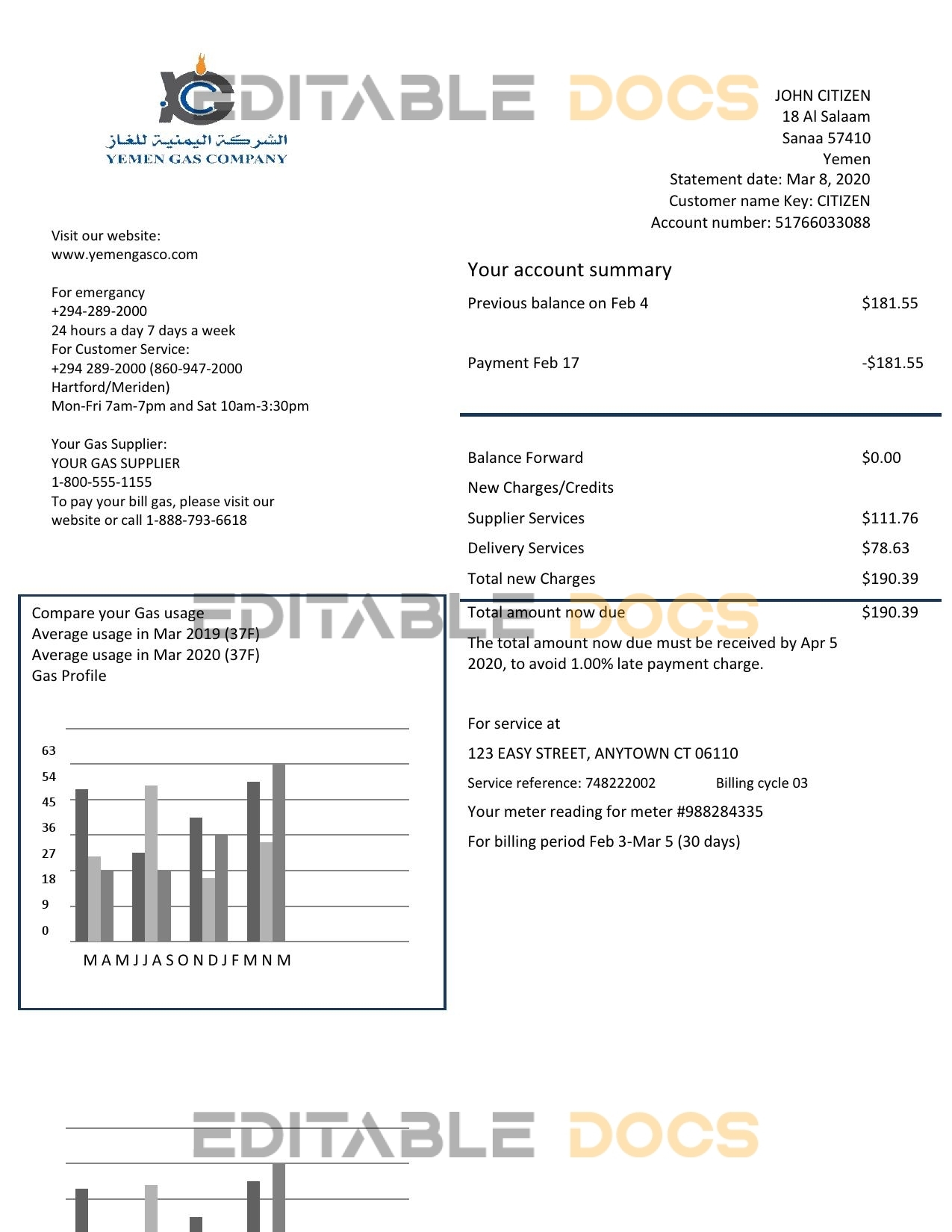 Yemen Gas Company utility bill template in Word and PDF format