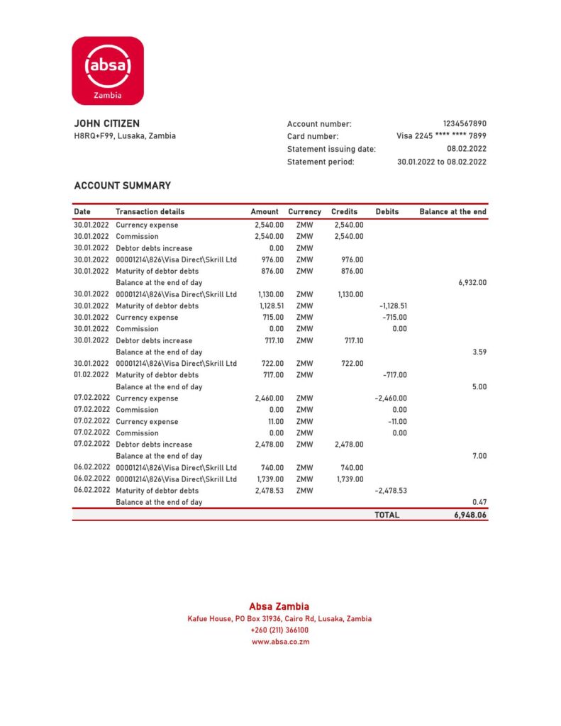 Zambia Absa bank statement, Excel and PDF template