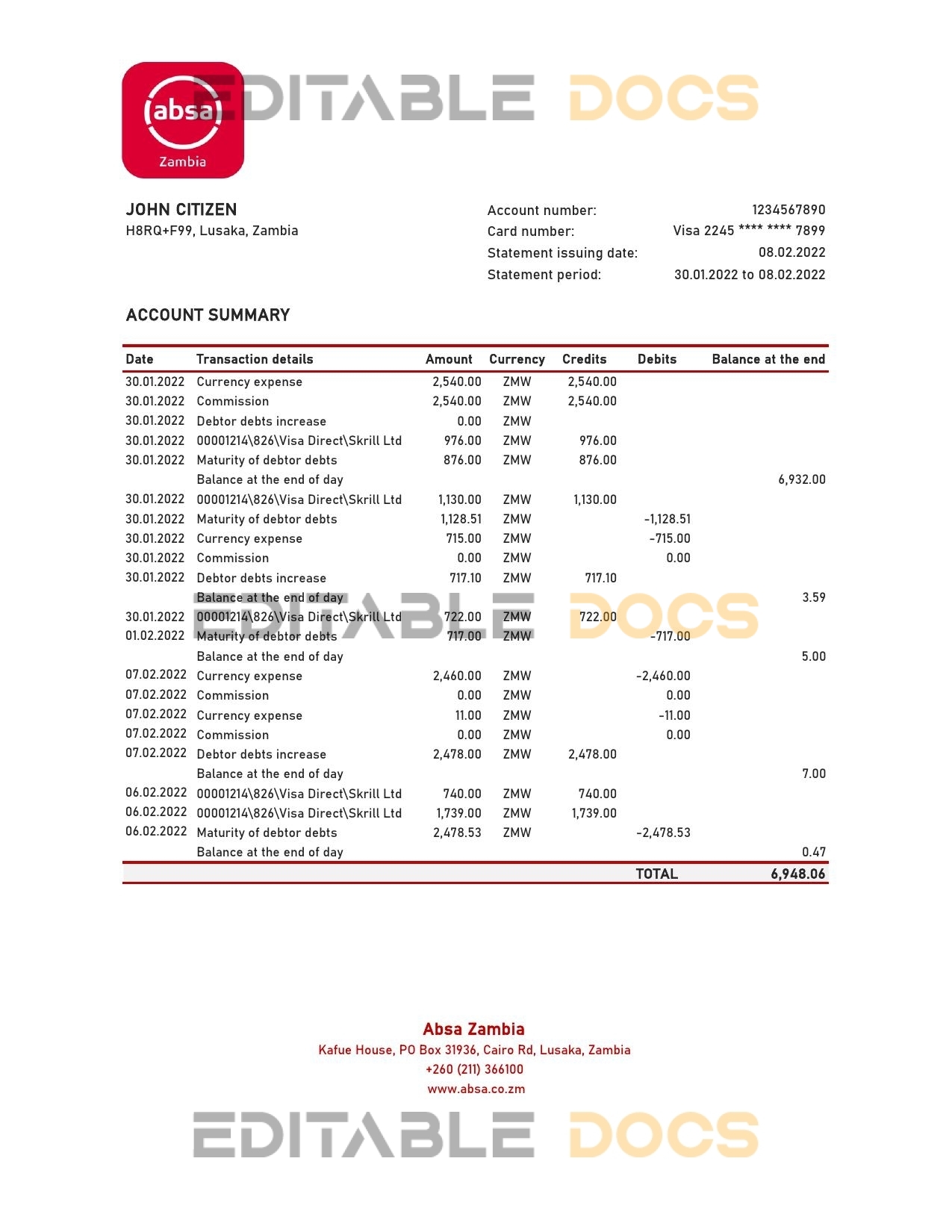 Zambia Absa bank statement, Excel and PDF template