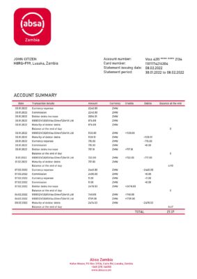 Zambia Absa bank statement template in Word and PDF format