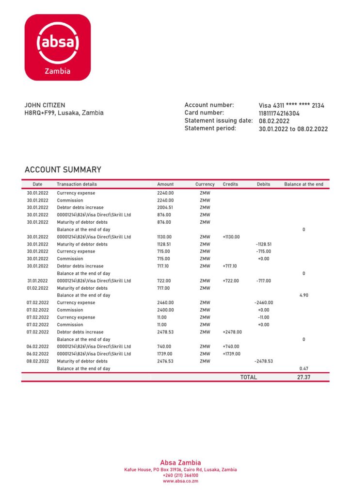 Zambia Absa bank statement template in Word and PDF format
