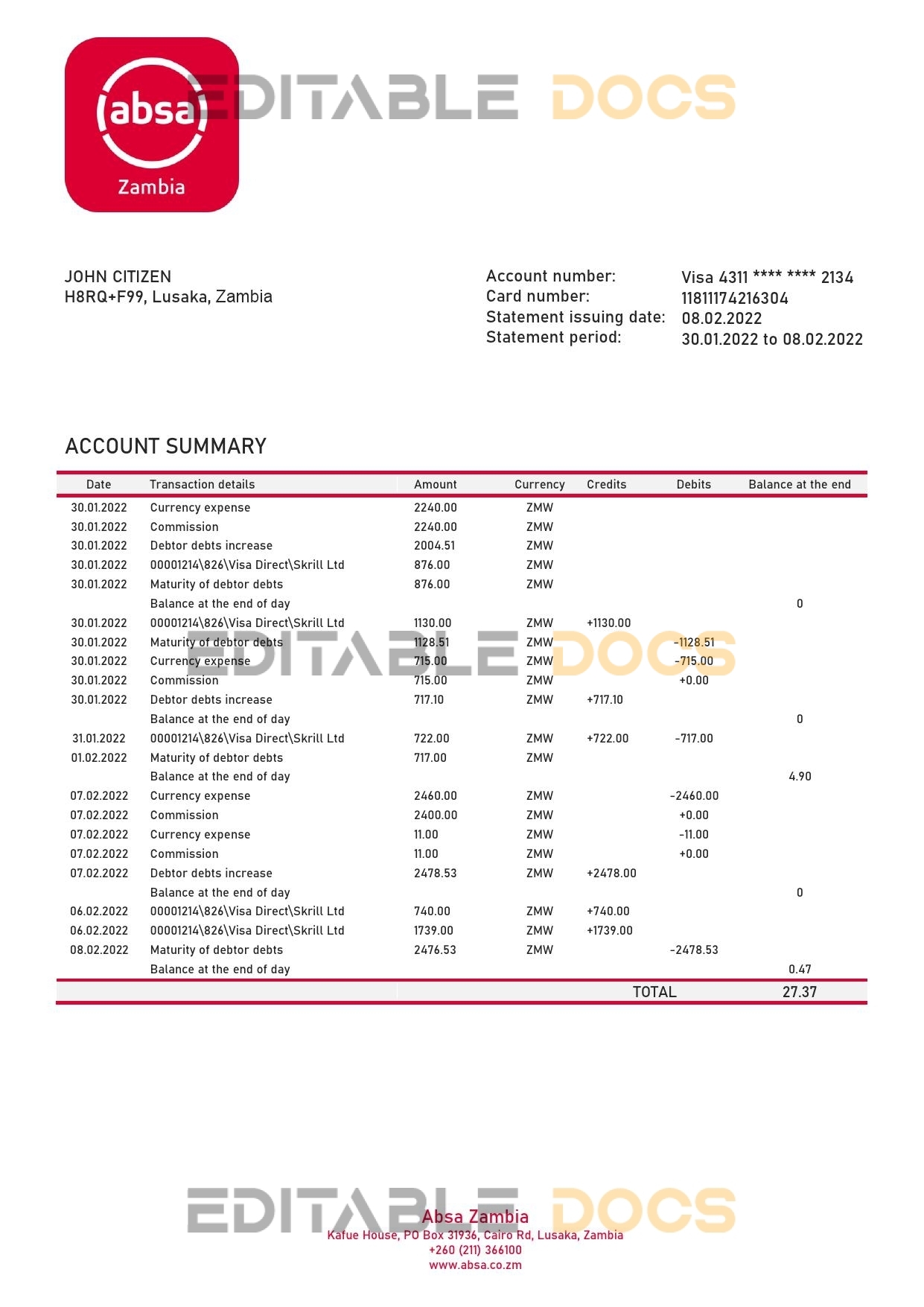 Zambia Absa bank statement template in Word and PDF format