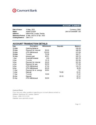 Zambia Cavmont bank statement, Excel and PDF template
