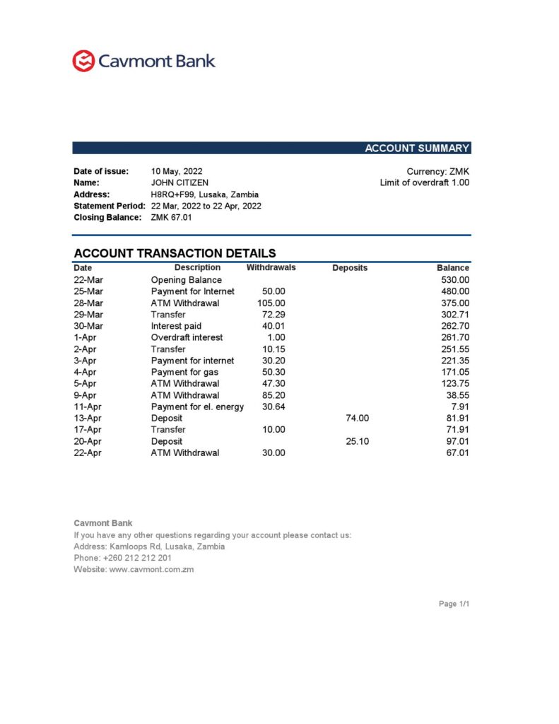 Zambia Cavmont bank statement, Excel and PDF template