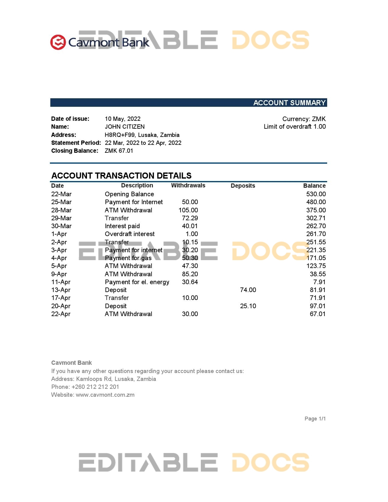 Zambia Cavmont bank statement, Excel and PDF template