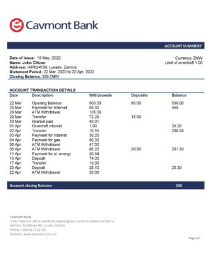 Zambia Cavmont bank statement template in Word and PDF format