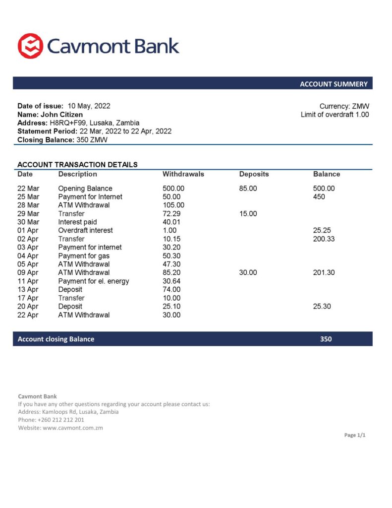 Zambia Cavmont bank statement template in Word and PDF format