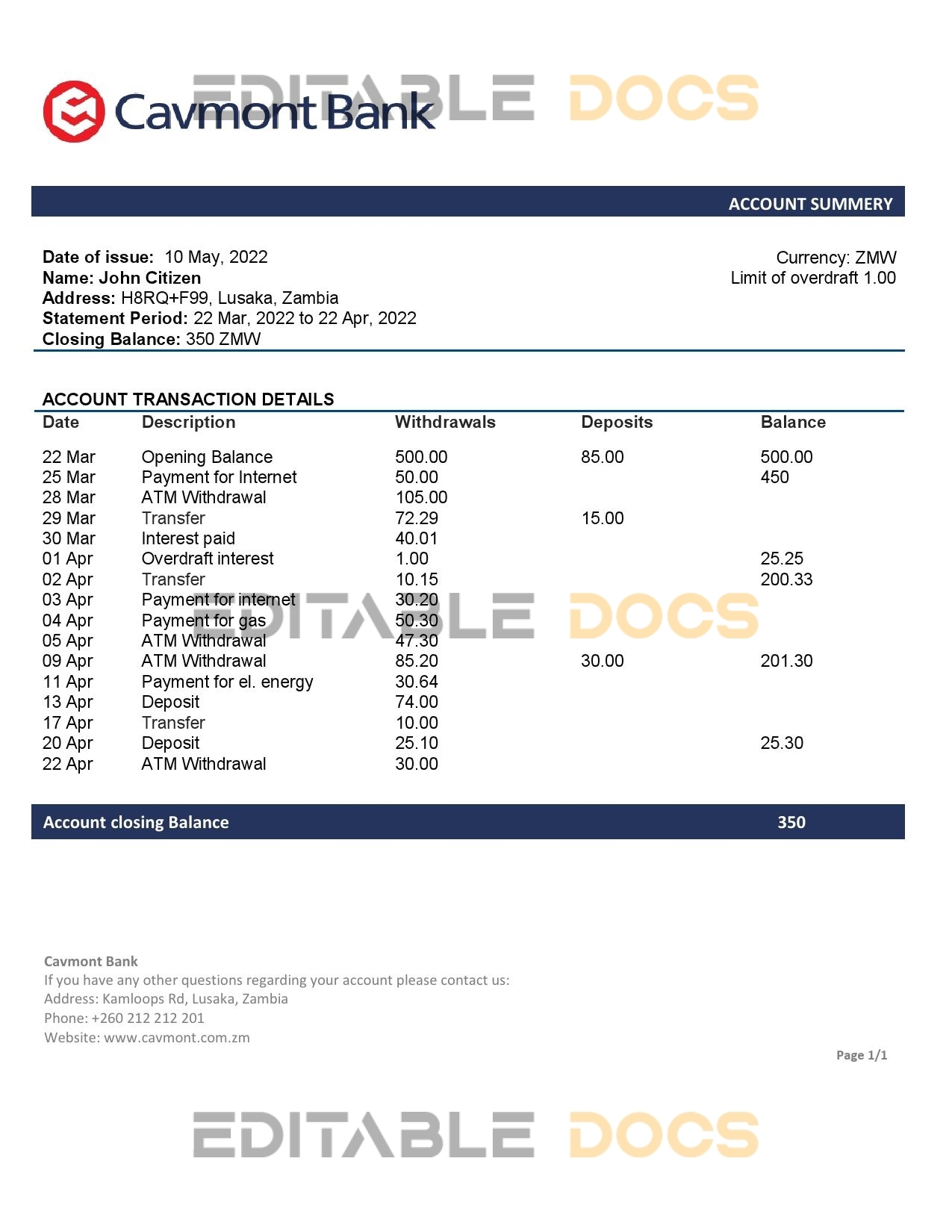 Zambia Cavmont bank statement template in Word and PDF format