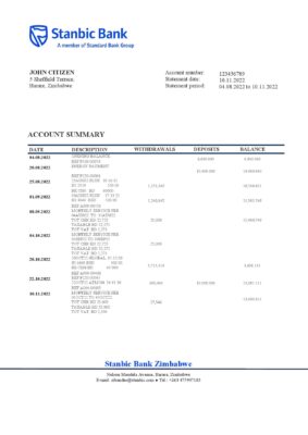 Zimbabwe Stanbic Bank statement template in Word and PDF format