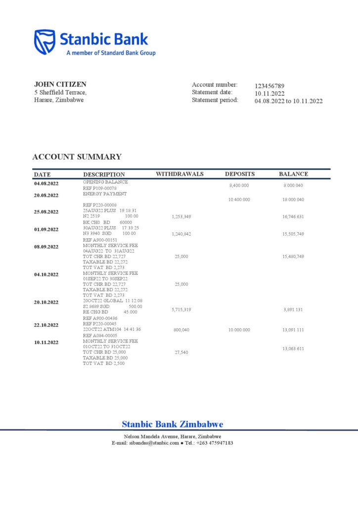Zimbabwe Stanbic Bank statement template in Word and PDF format