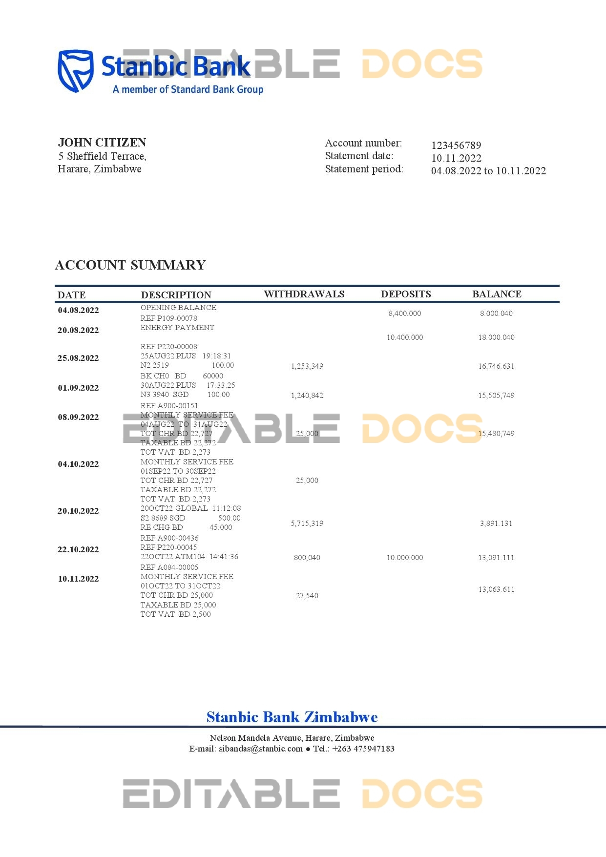 Zimbabwe Stanbic Bank statement template in Word and PDF format