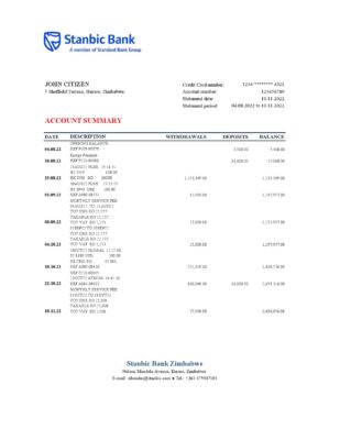 Zimbabwe Stanbic bank statement, Excel and PDF template