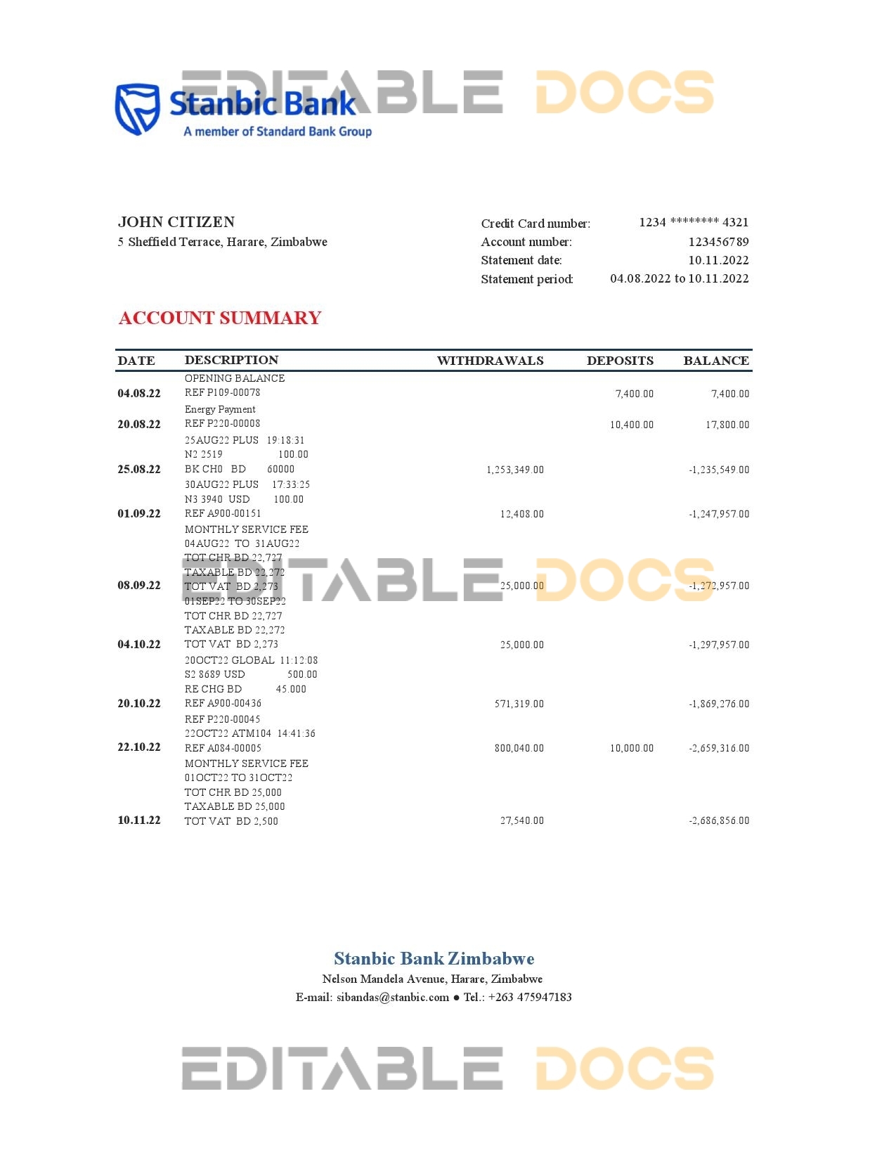 Zimbabwe Stanbic bank statement, Excel and PDF template