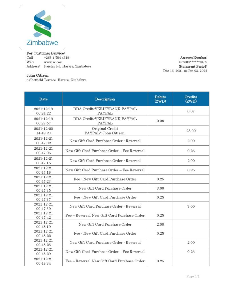 Zimbabwe Standard Chartered Bank statement template in Word and PDF format