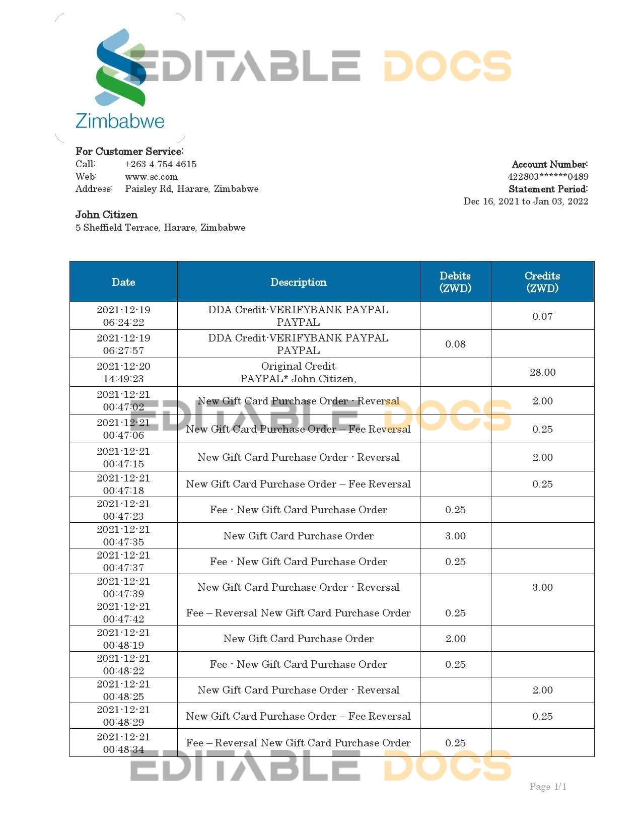 Zimbabwe Standard Chartered Bank statement template in Word and PDF format