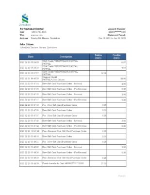Zimbabwe Standard Chartered bank statement, Excel and PDF template
