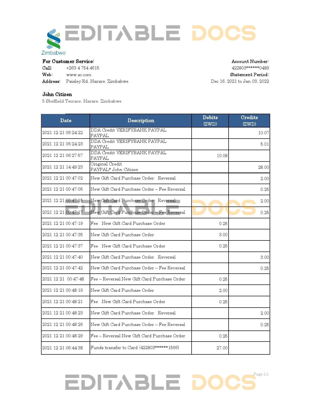 Zimbabwe Standard Chartered bank statement, Excel and PDF template