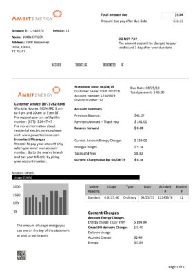 USA Texas Ambit Energy utility bill template in Word and PDF format