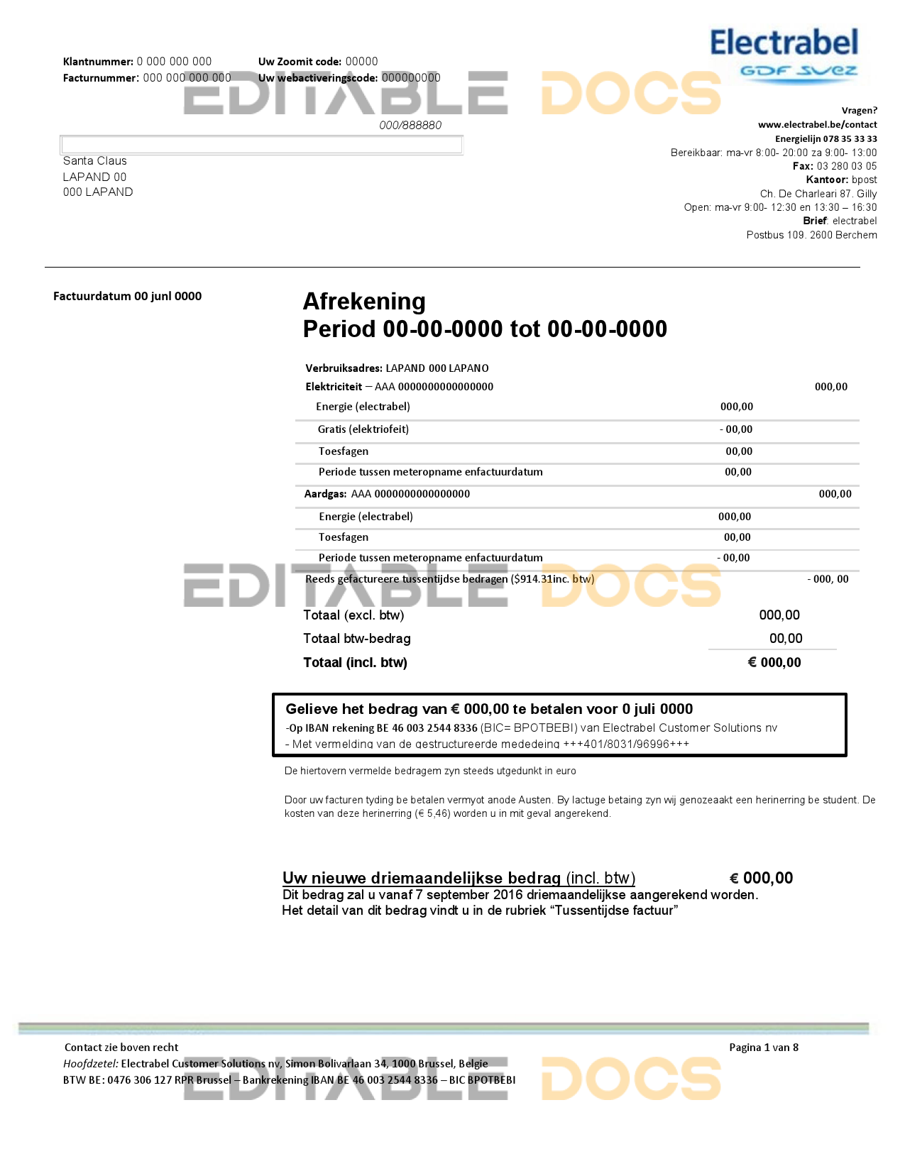 Belgium Electrabel electricity utility bill template, fully editable in Word and PDF format
