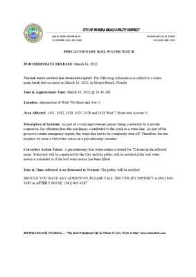 USA Florida City of Riviera Beach utility district water utility shut off notice, Word and PDF template