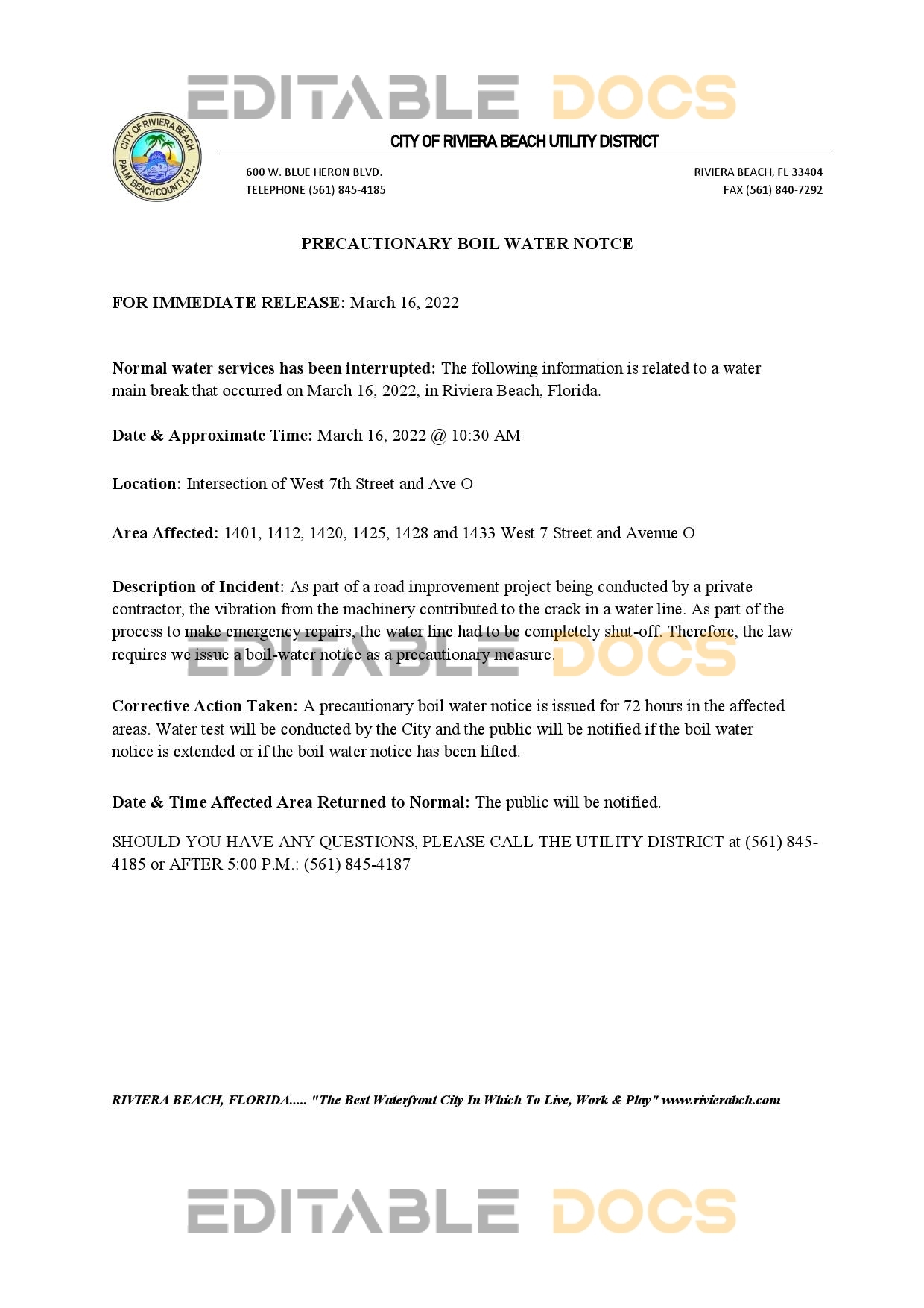 USA Florida City of Riviera Beach utility district water utility shut off notice, Word and PDF template