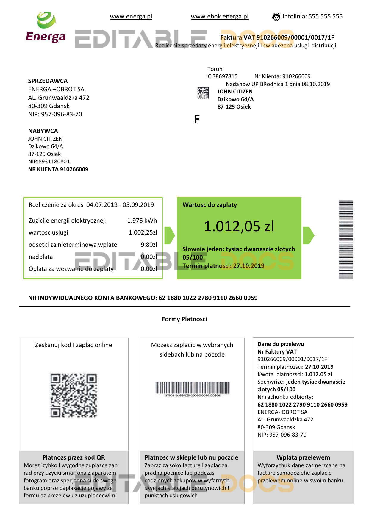 Poland Energa utility bill template in Word and PDF format