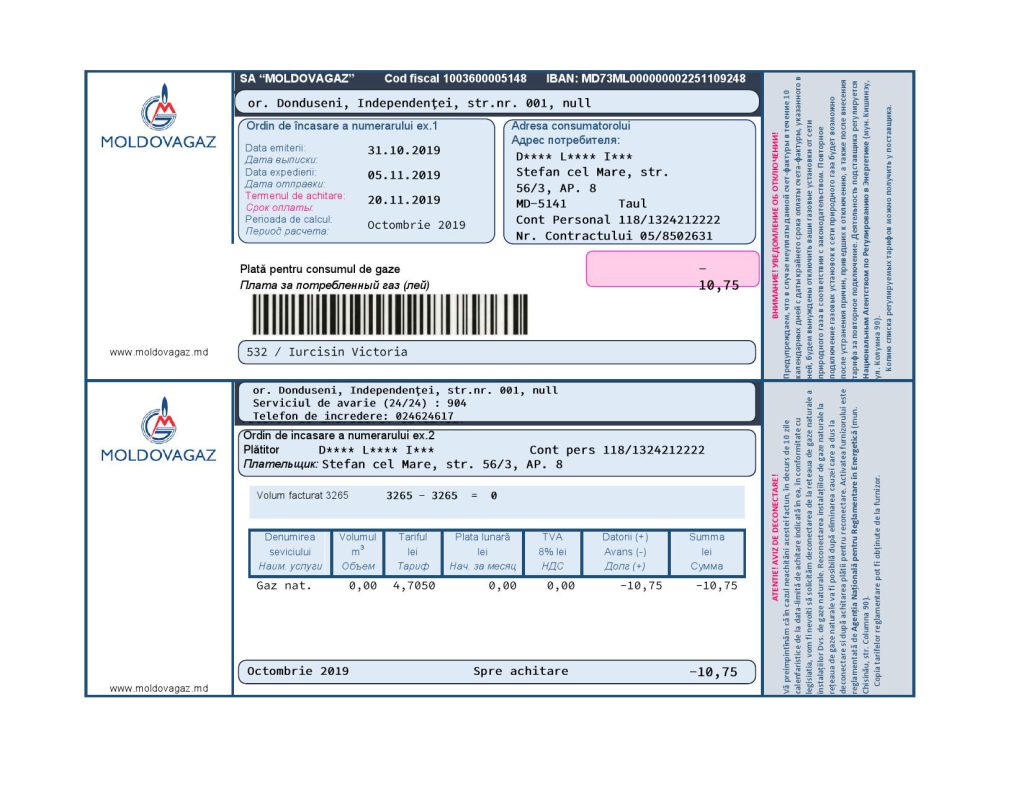 Moldova Moldovagaz utility bill template in Word and PDF format