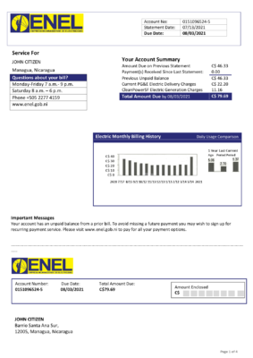 Nicaragua Nicaraguan Electricity Company ENEL electricity utility bill template in Word and PDF format
