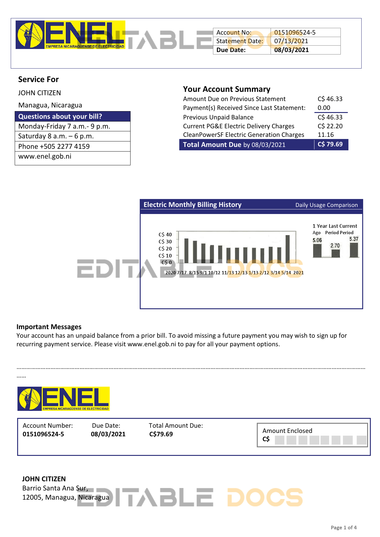 Nicaragua Nicaraguan Electricity Company ENEL electricity utility bill template in Word and PDF format