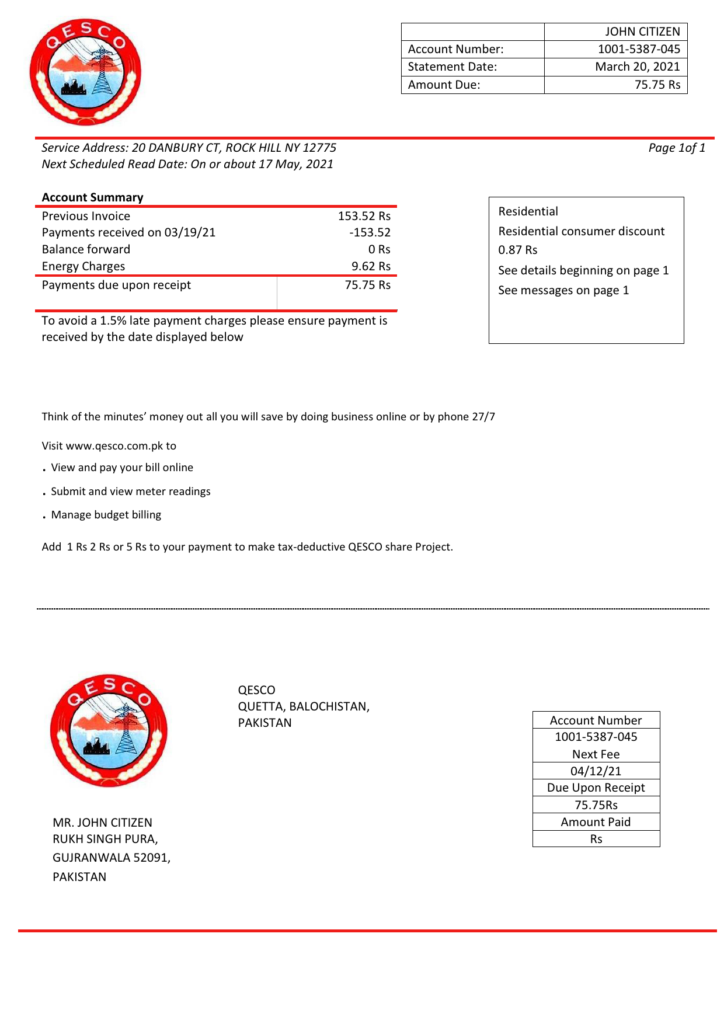 Pakistan Quetta Electric Supply Company electricity utility bill template in Word and PDF format