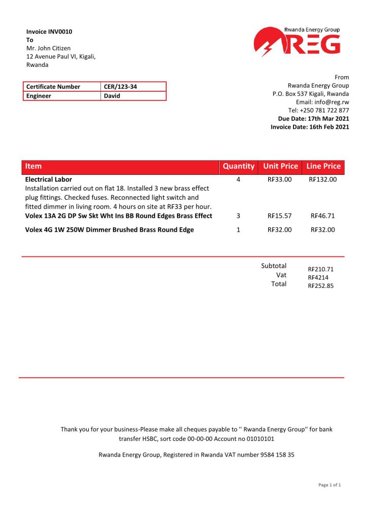 Rwanda Energy Group electricity utility bill template in Word and PDF format