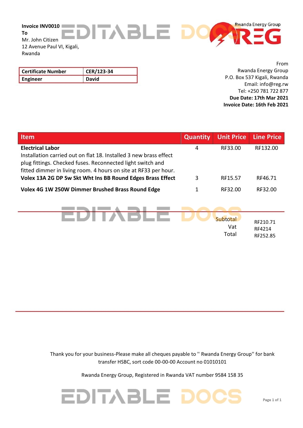 Rwanda Energy Group electricity utility bill template in Word and PDF format