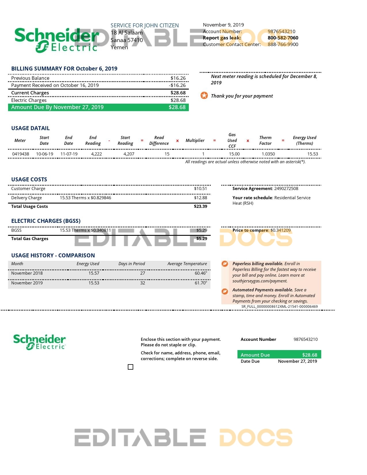 Yemen Schneider Electric utility bill template in Word and PDF format