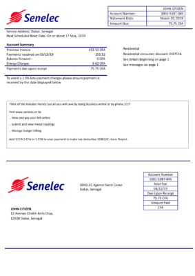 Senegal Senelec Agence Sacré Coeur Company electricity utility bill template in Word and PDF format
