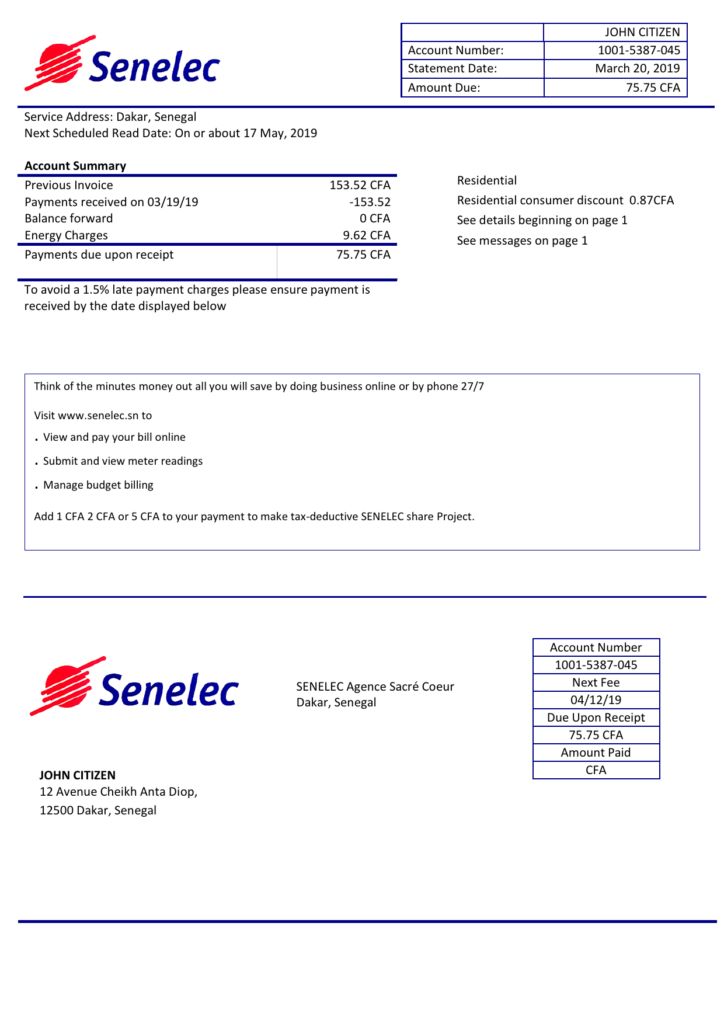 Senegal Senelec Agence Sacré Coeur Company electricity utility bill template in Word and PDF format