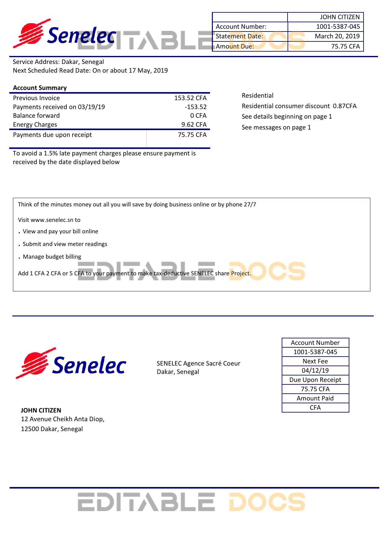 Senegal Senelec Agence Sacré Coeur Company electricity utility bill template in Word and PDF format
