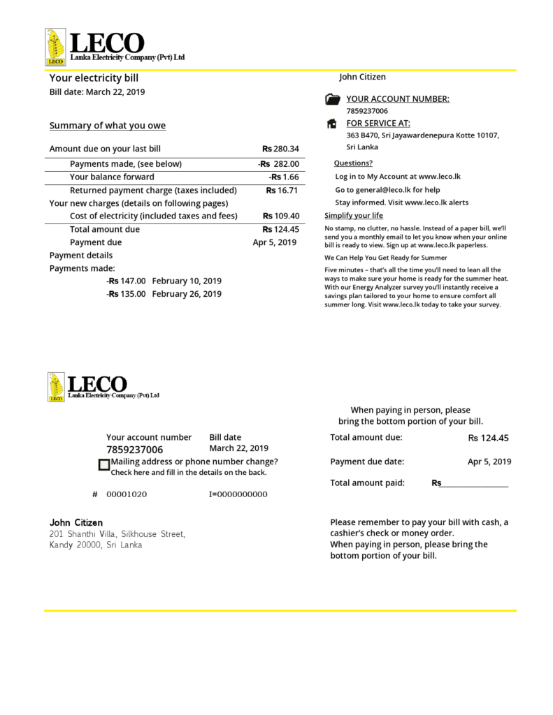 Sri Lanka LECO Company electricity utility bill template in Word and PDF format