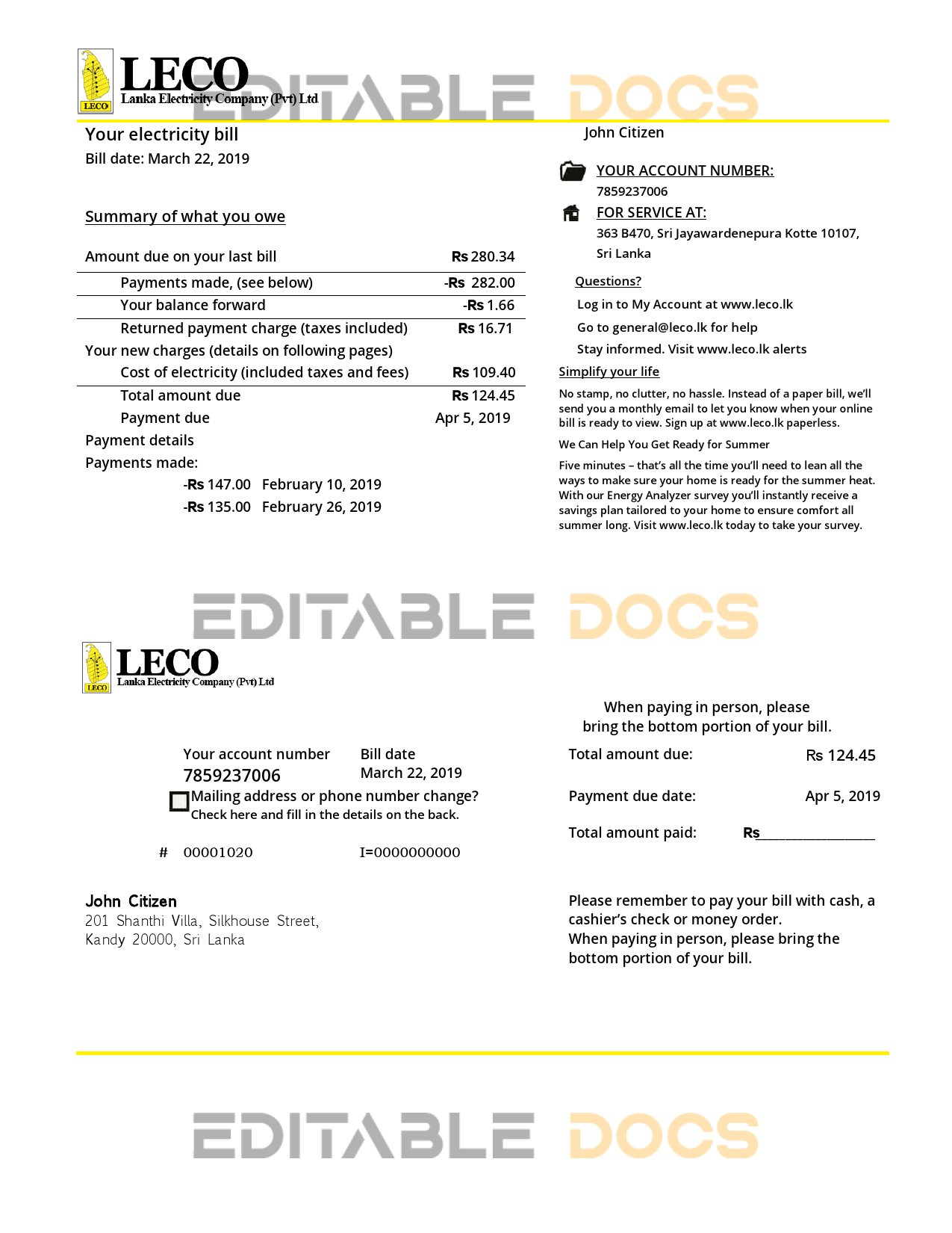 Sri Lanka LECO Company electricity utility bill template in Word and PDF format