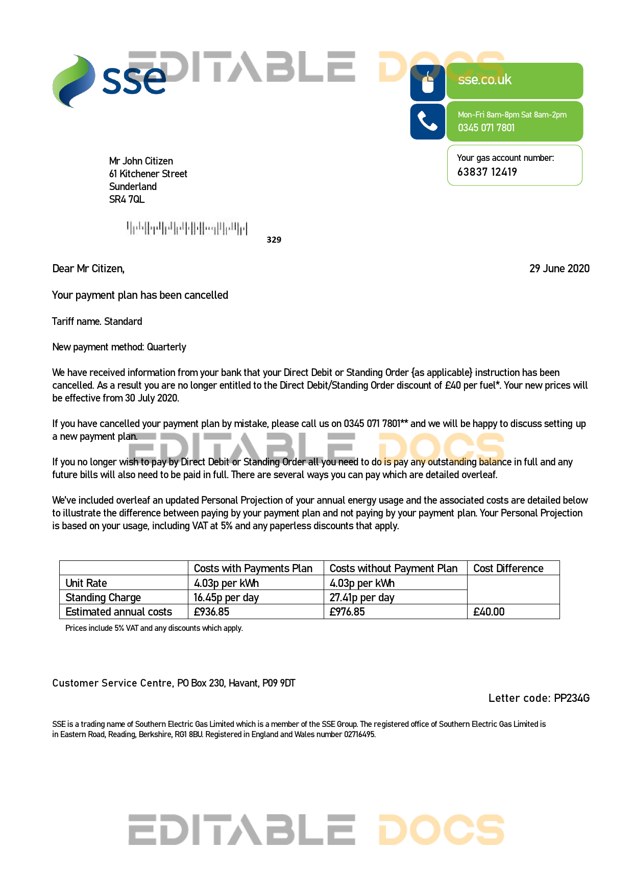 United Kingdom SSE Energy utility bill template in Word and PDF format, version 1