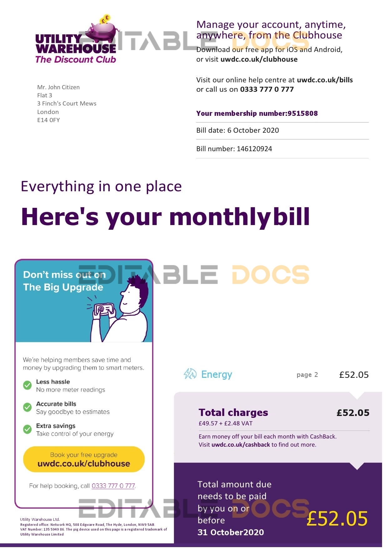 United Kingdom Utility Warehouse electricity utility bill template in Word and PDF format (6 pages)