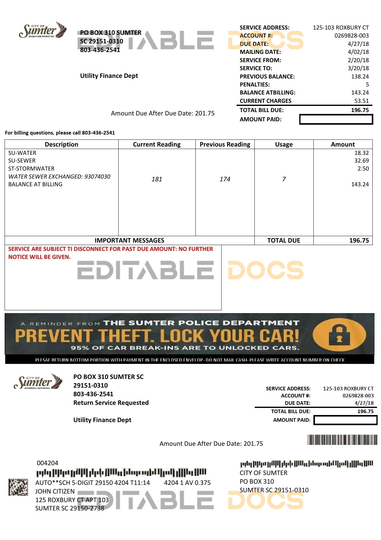 USA City of Sumter South Carolina water utility bill template in Word and PDF format