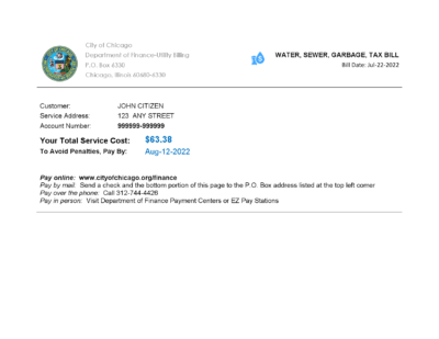 USA Illinois Chicago water, sewer, garbage, tax bill Word and PDF template