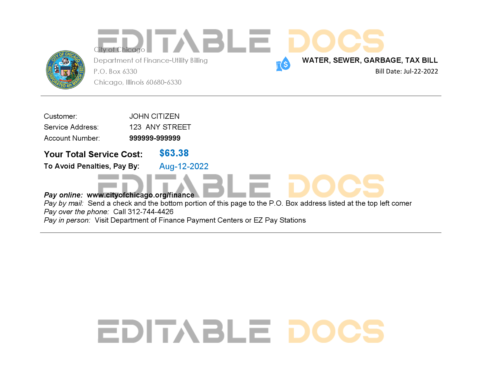USA Illinois Chicago water, sewer, garbage, tax bill Word and PDF template