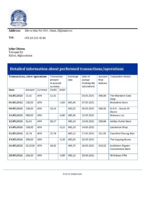 Afghanistan Da Afghanistan Bank (DAB) bank statement template in Word and PDF format